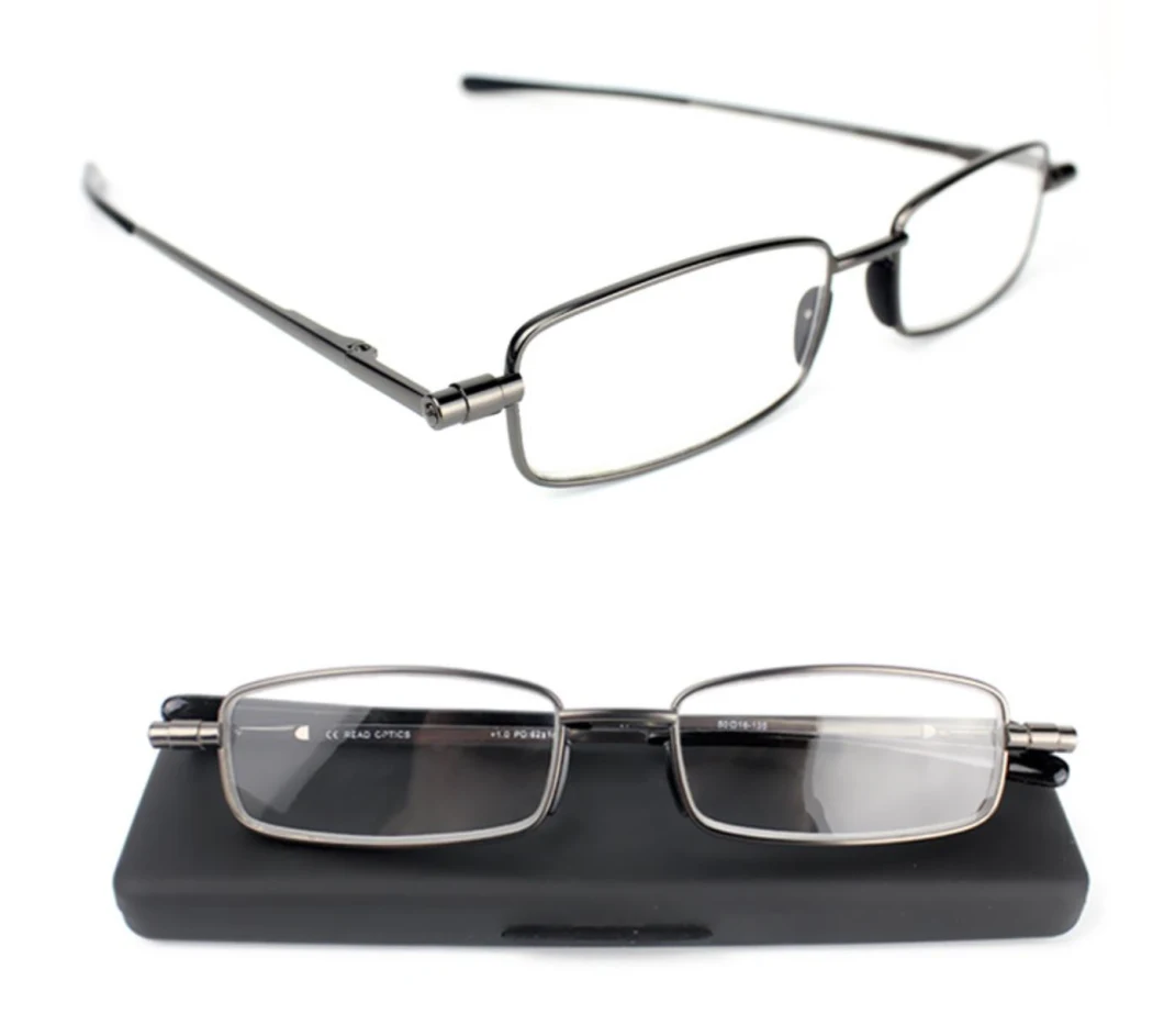 2020 Trending Selling Rectangle 360 Degree Folding Metal Reading Glasses with Plastic Case