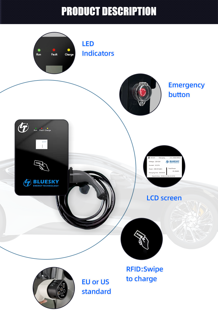 7kw AC EV Charger Type1 2.4 Screen Ocpp Wallbox Evse Electric Car Charger Charging Station for Cars Commercial