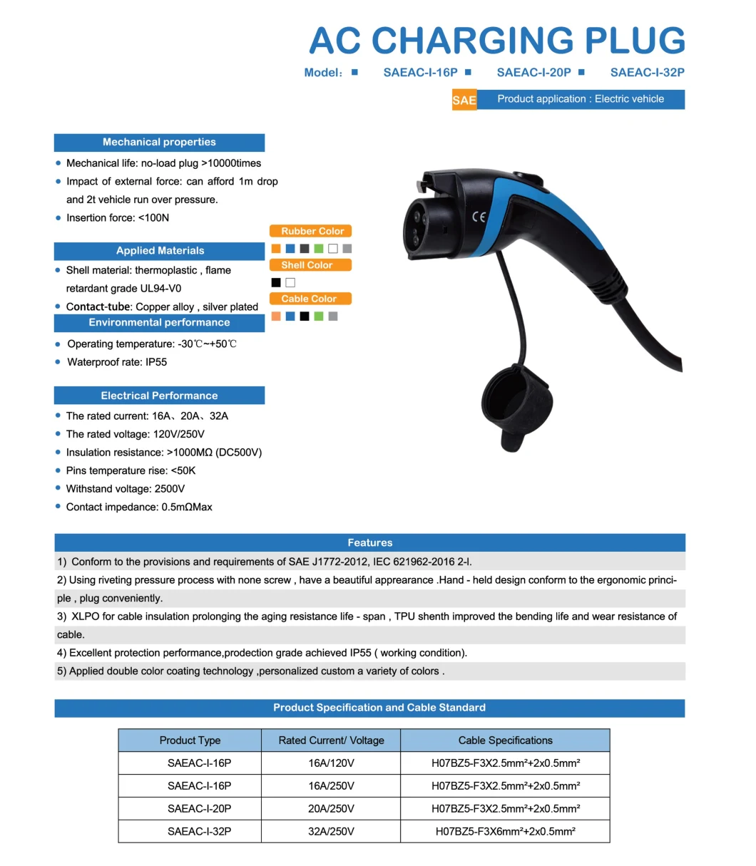 Type1 American Standard 16A 250V Car Charging Station EV Power Charging Station EV Charging Cable