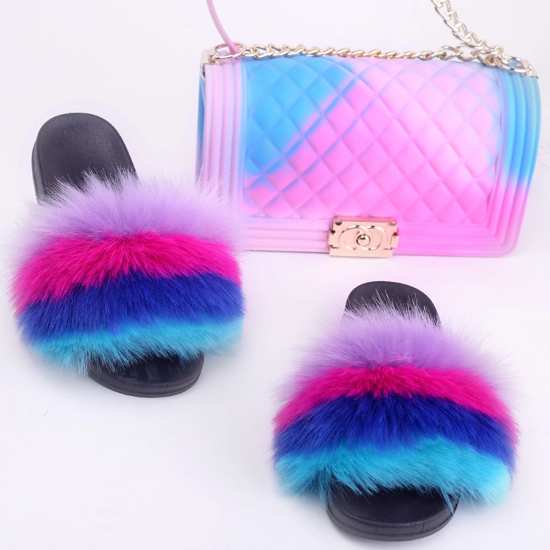 Women Handbag with Fur Slippers, Jelly Purse and Fur Slides, Purse and Fur Slides Set