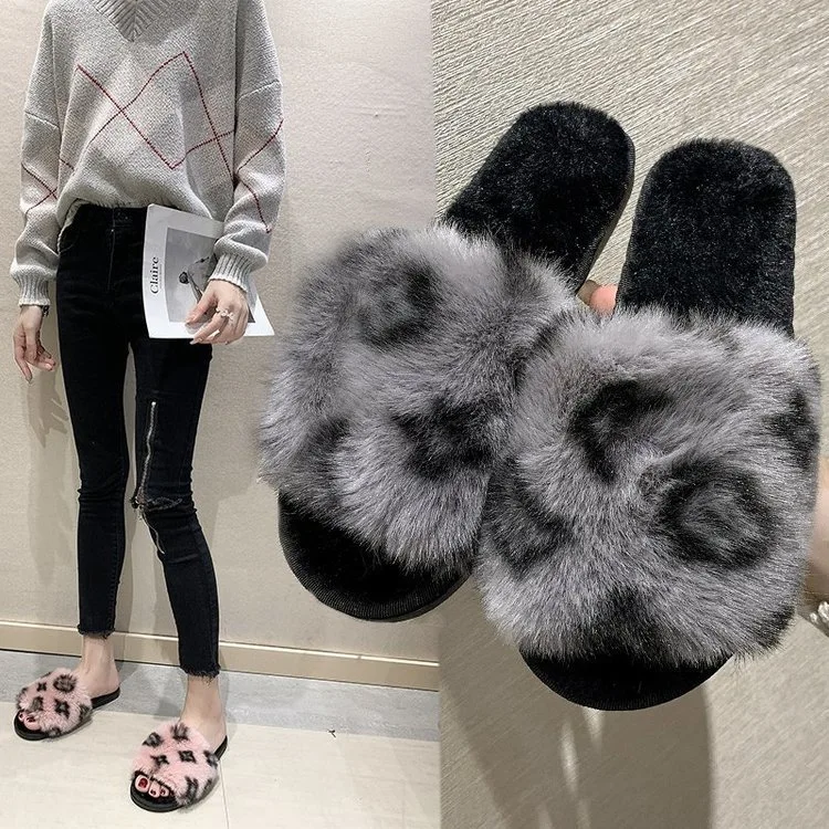 Free Shipping Fashion Korean Style Leopard Pattern Sandals Women's Bedroom Leisure Fluffy Slippers