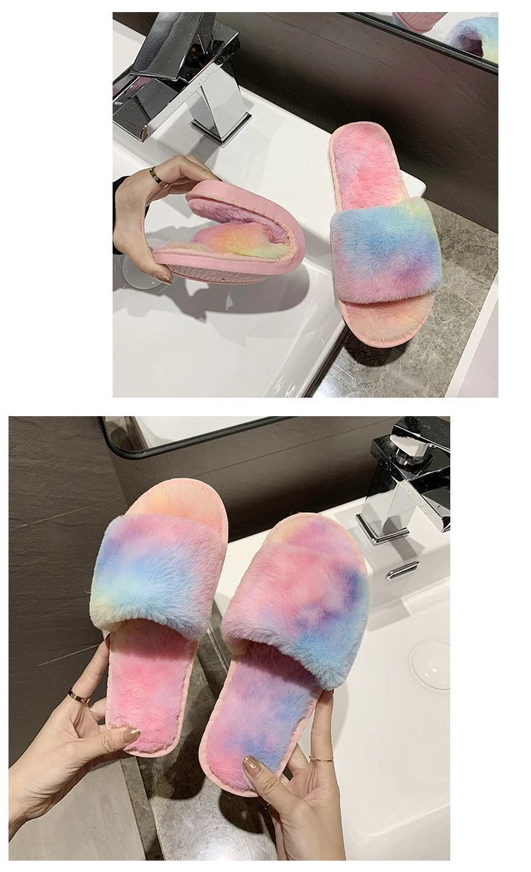 Wholesale Fur Slippers in Tie Dye Design Women Soft Fox Slides Sandals Ladies Winter Indoor Slippers