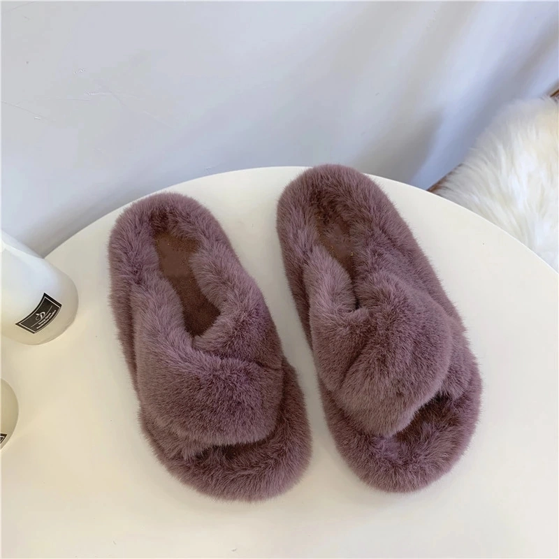 Ladies House Slippers Bunny Fur Slides, Vegan Fur Slippers Sandals with Straps Women Fur Slides