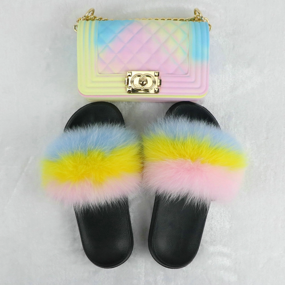 New Arrival High Quality PVC Sole Real Fox Fur Slides Soft Fur Slippers Vendor