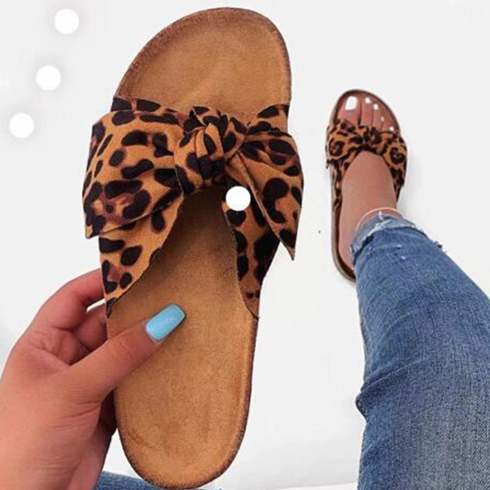 Superstarer Summer Women's Shoes Fashion Sexy Bow Slippers Ladies Cute Leopard Flat Sandals