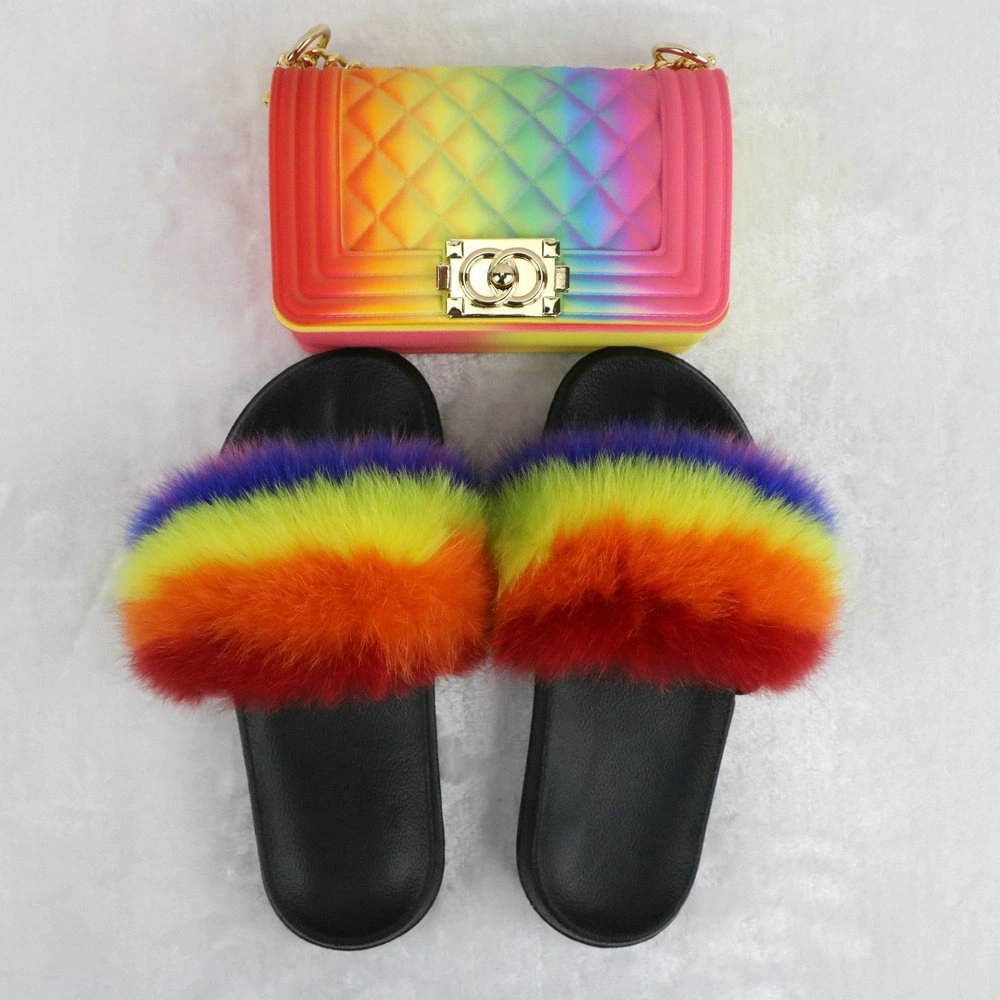 New Arrival High Quality PVC Sole Real Fox Fur Slides Soft Fur Slippers Vendor