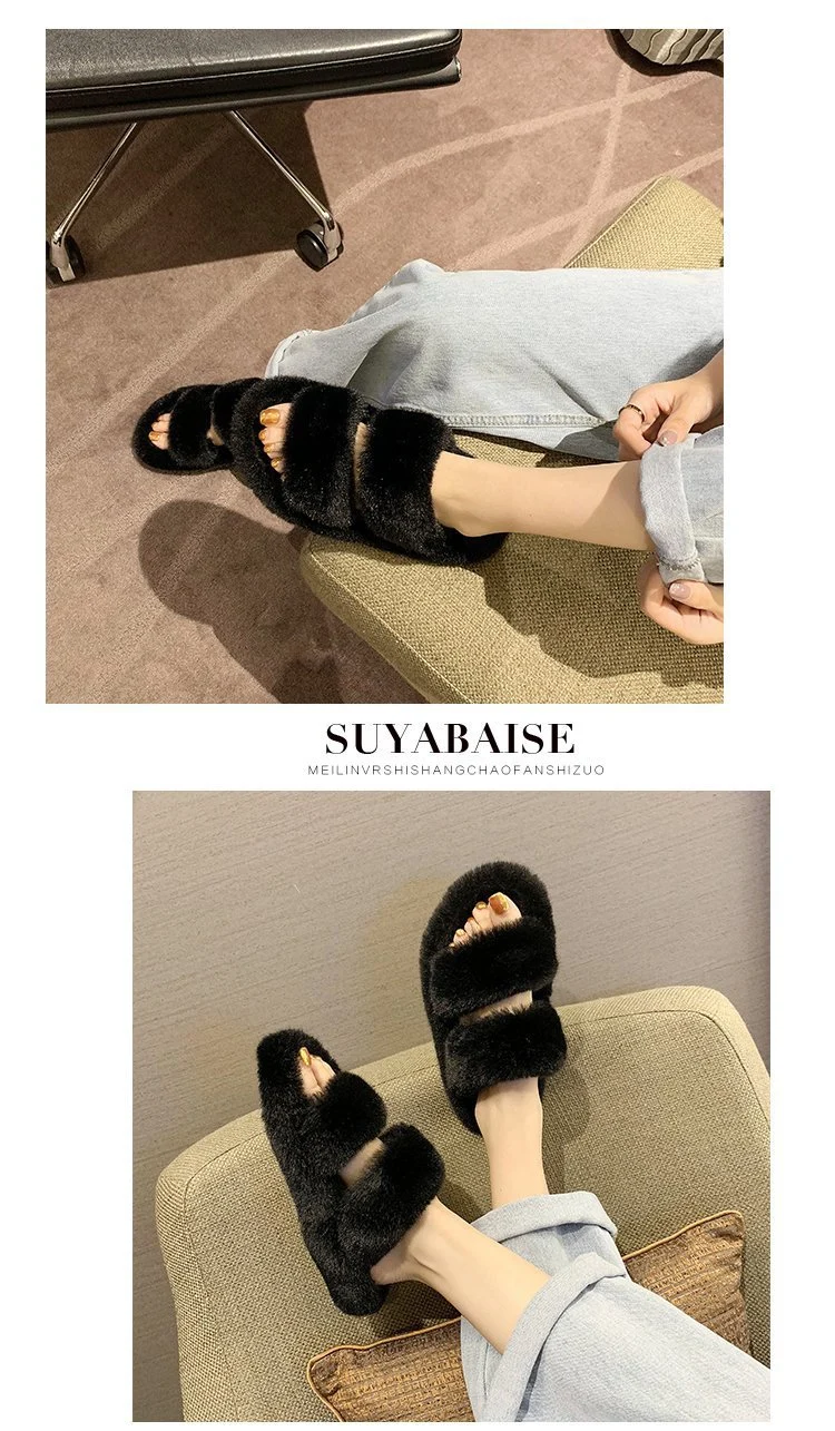 Double Strap Fur Sandals Wholesale Women Slides Fashion House Furry Slippers