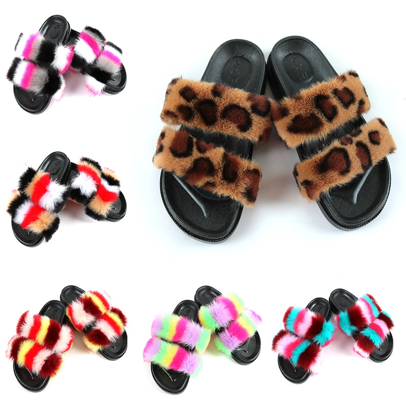 Hot Sales Women Indoor and Outdoor Fluffy Slides, Fashion Vegan Double Strap Furry Fur Sandals Slides