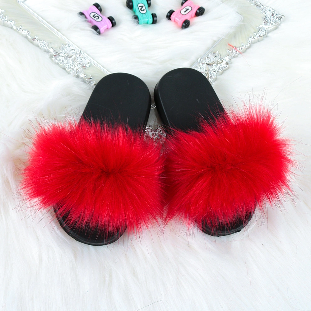 Kids Fur Home Slipper Girl Outdoor Raccoon Fluffy Cute Flats Slides