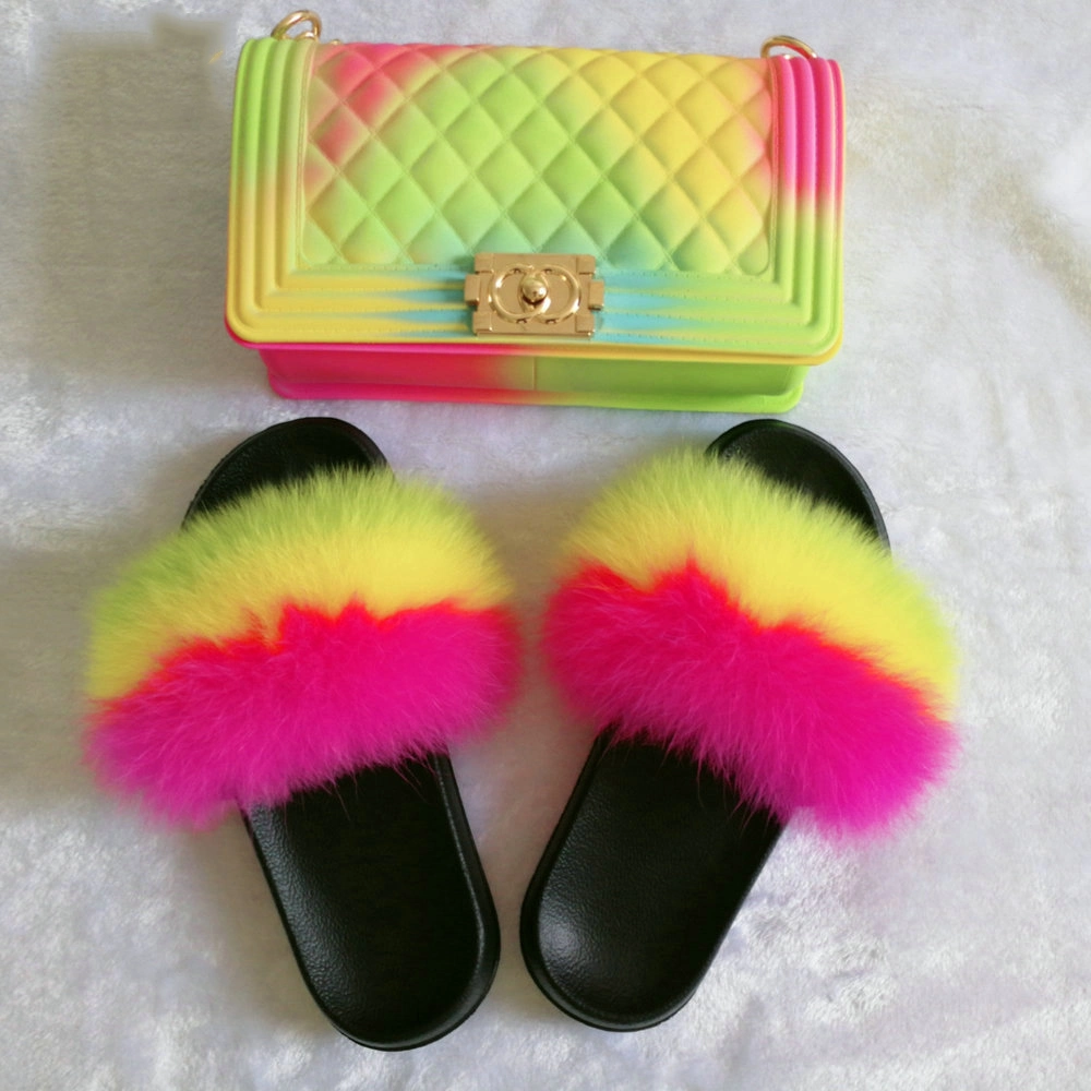 Women Fur Slippers PVC Rivet Jelly Bags Set Soft Fur Flip Flop Furry Sandals Custom Wholesale Fox Fur Slippers Slides