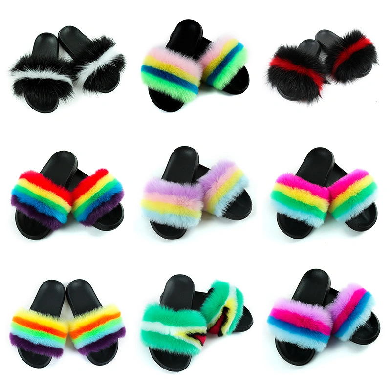 Luxury Style Women Fur Flat Slides Fox Fur Slipper Fox Fur Upper Ladies Shoes