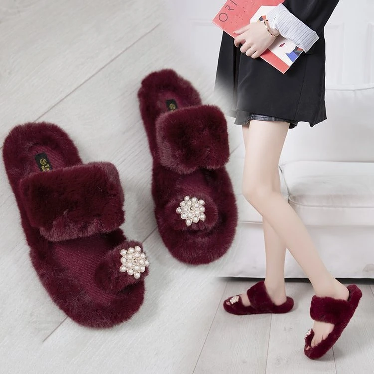 Wholesale Fur Slippers for Lady Pearl Decoration Furry Slide Sandals Warm Autumn Outdoor Slippers