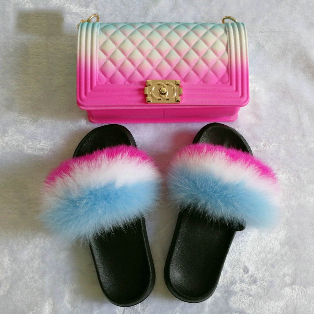 Women Fur Slippers PVC Rivet Jelly Bags Set Soft Fur Flip Flop Furry Sandals Custom Wholesale Fox Fur Slippers Slides