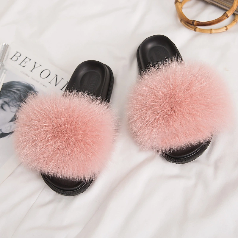 Women's Summer Fox Fur Slippers Fox Fur Slides Furry Slide Sandals