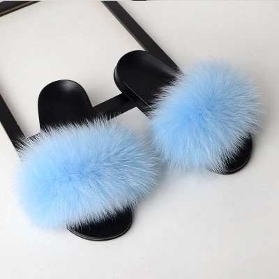 Womens Shoes Sandals Furry Slippers, Flat Custom Fluffy Fur Slides Plush Slippers, Custom Slides Footwear Fox Fur Slippers Women