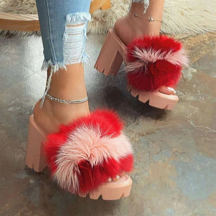 Platform Fur Slides Wholesale, Cheap Fur Slippers for Women, Wedge Sandals Fur Slides