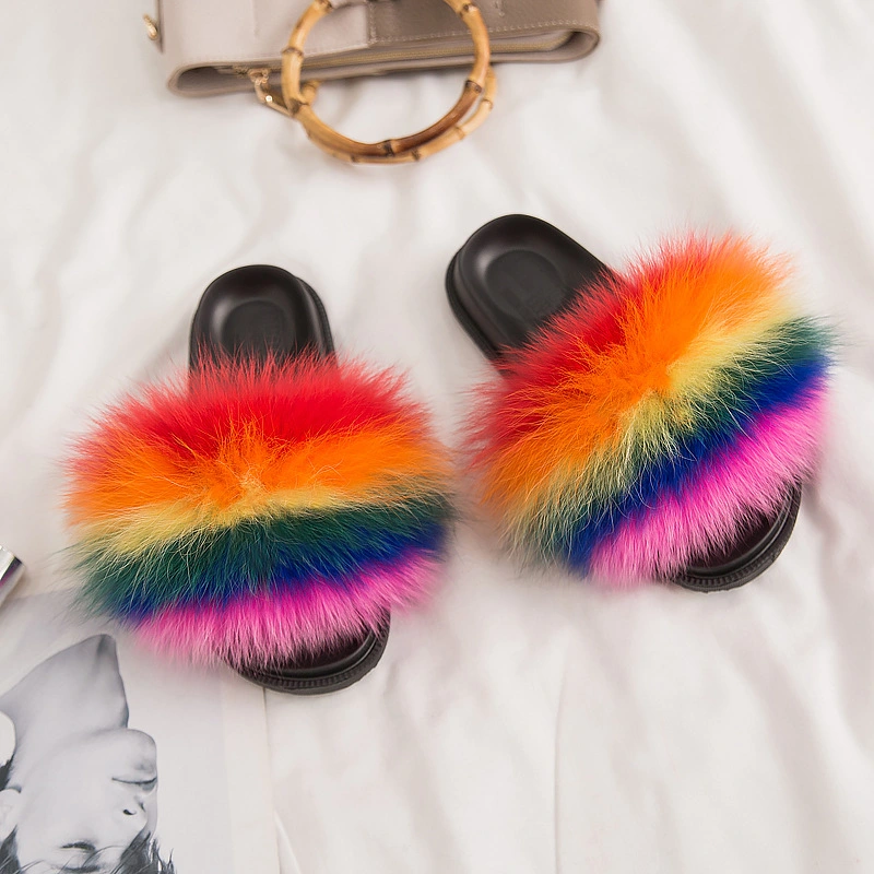 Women's Summer Fox Fur Slippers Fox Fur Slides Furry Slide Sandals