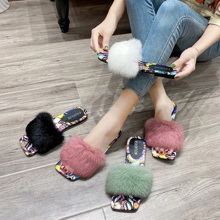 2020 Wholesale Fur Slippers Women Fashion Open Toe Slides Sweet Wind Furry Sandals Slippers