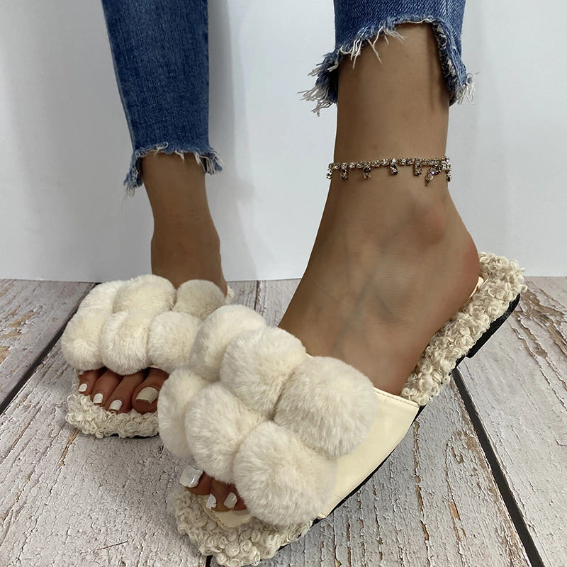 Chinese Factory Contrast Color Fur Ball Sandals Slides Fashion Wholesale Fur Slippers for Women