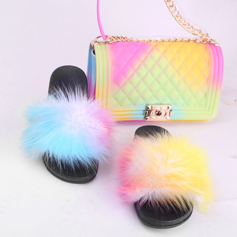 Women Handbag with Fur Slippers, Jelly Purse and Fur Slides, Purse and Fur Slides Set