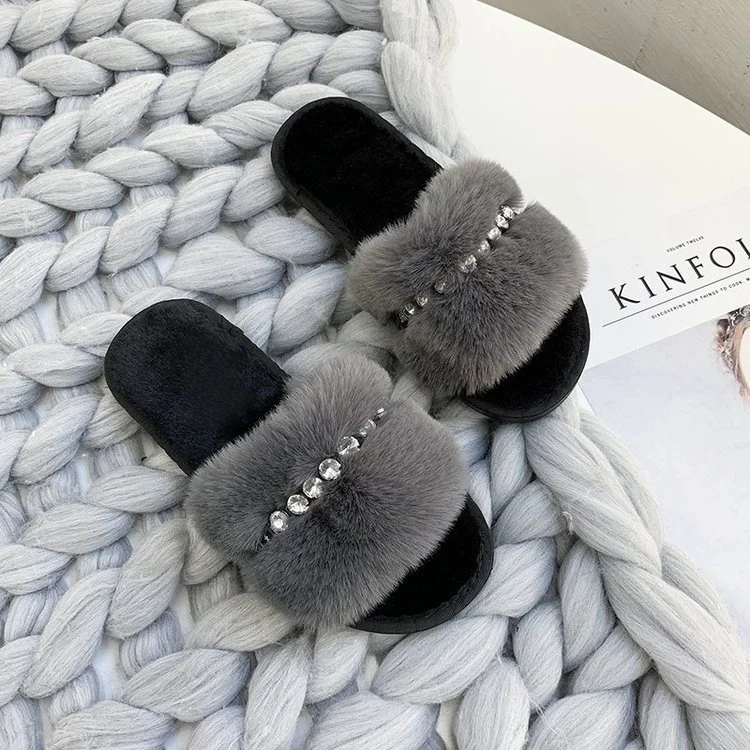 Women Rhinestone Fluffy Furry Fur Slides Sandals, New Arrivals Factory Wholesale Fur Slippers