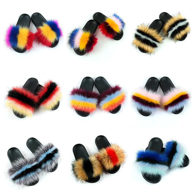 Luxury Style Women Fur Flat Slides Fox Fur Slipper Fox Fur Upper Ladies Shoes