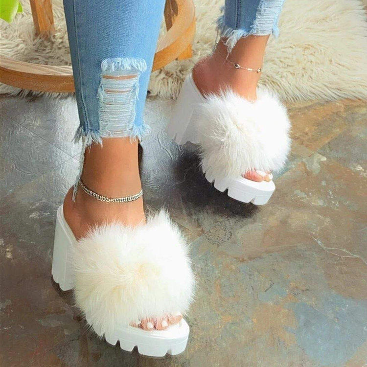 Platform Fur Slides Wholesale, Cheap Fur Slippers for Women, Wedge Sandals Fur Slides