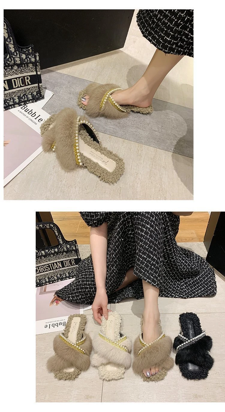 Pearl Upper Cross Strap Slider Sandals for Lady Wholesale Women Fashion Fur Slippers