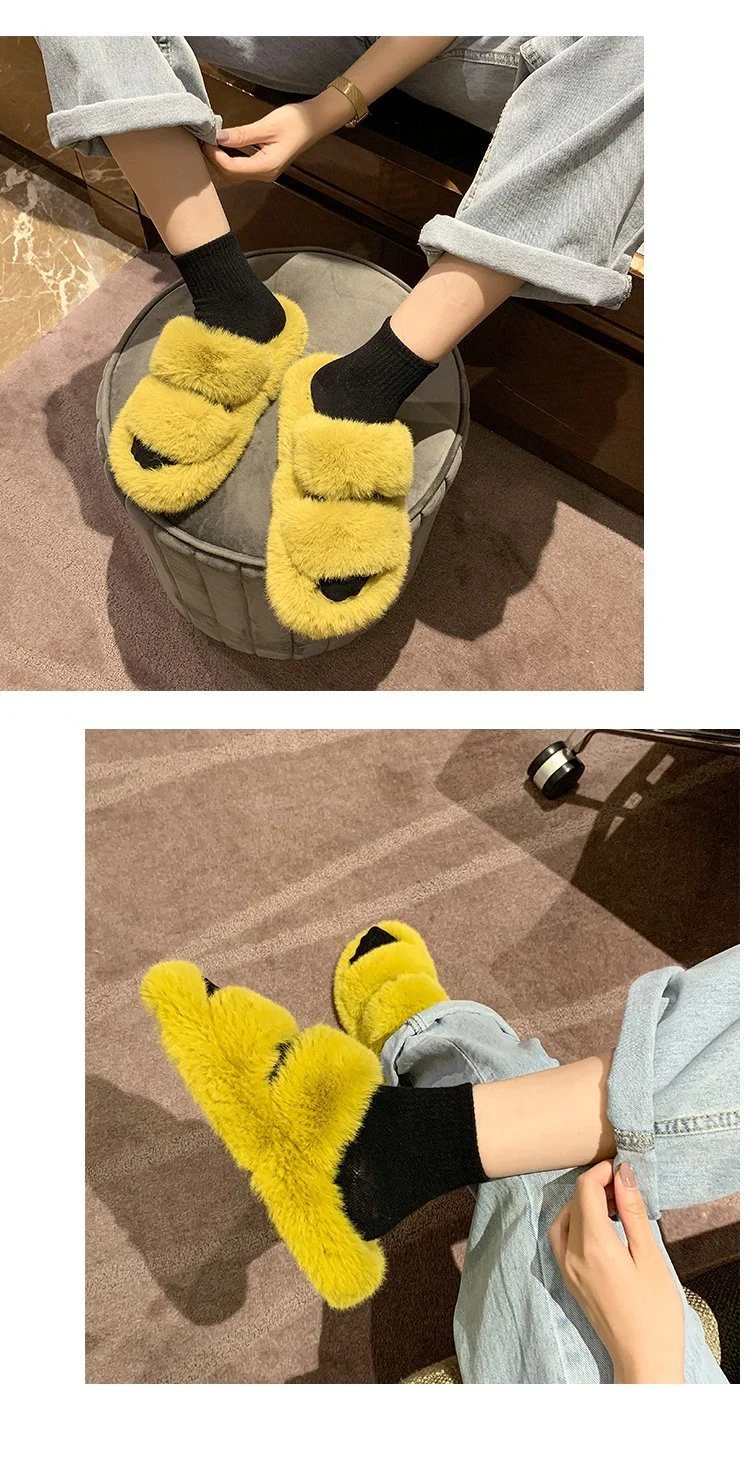 Double Strap Fur Sandals Wholesale Women Slides Fashion House Furry Slippers