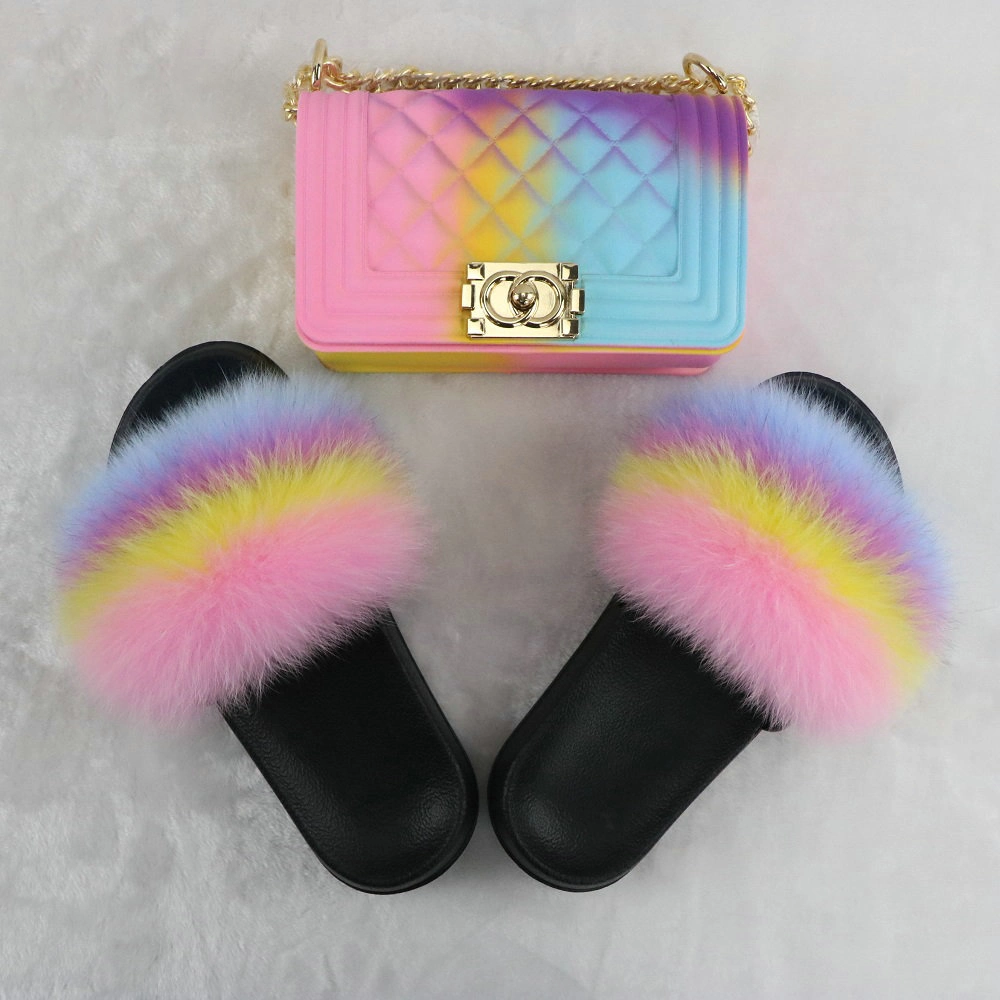 Women Fur Slippers PVC Rivet Jelly Bags Set Soft Fur Flip Flop Furry Sandals Custom Wholesale Fox Fur Slippers Slides