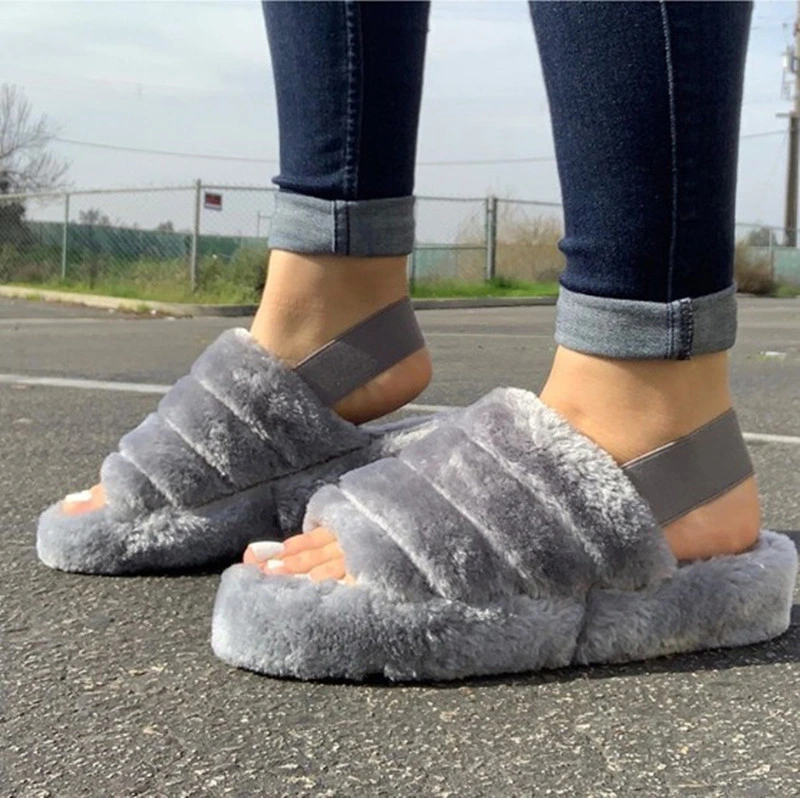 Brand Platform Sandals, Ladies Plush Ugh Sandals, Wholesale Fur Slippers for Women