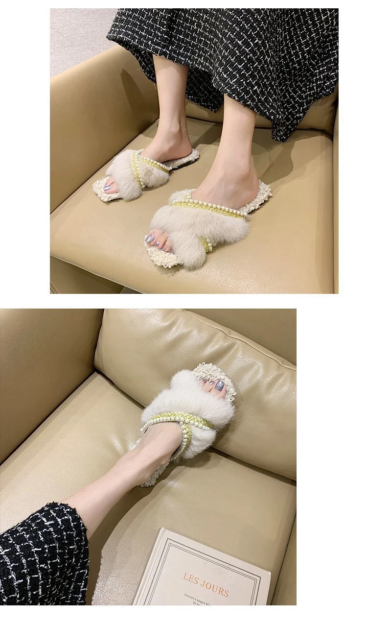 Pearl Upper Cross Strap Slider Sandals for Lady Wholesale Women Fashion Fur Slippers