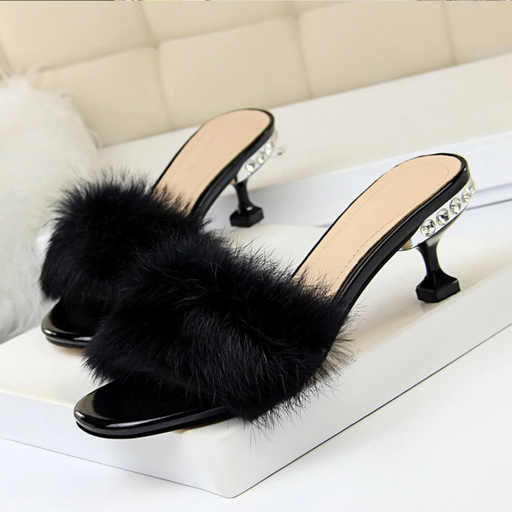 Superstarer Decorate Elegant Fashion Footwear Slide Slippers with Rhinestone High Heels Furry Fur Womens Sandals