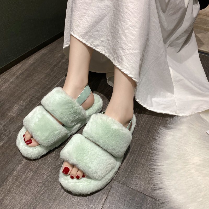 2020 Latest Ladies Fur Sandals, Women Fur Slippers Wholesale, Two Strap Furry Slippers