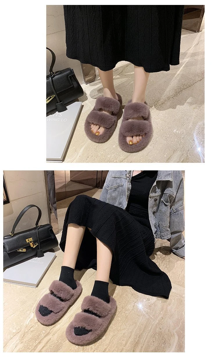 Double Strap Fur Sandals Wholesale Women Slides Fashion House Furry Slippers