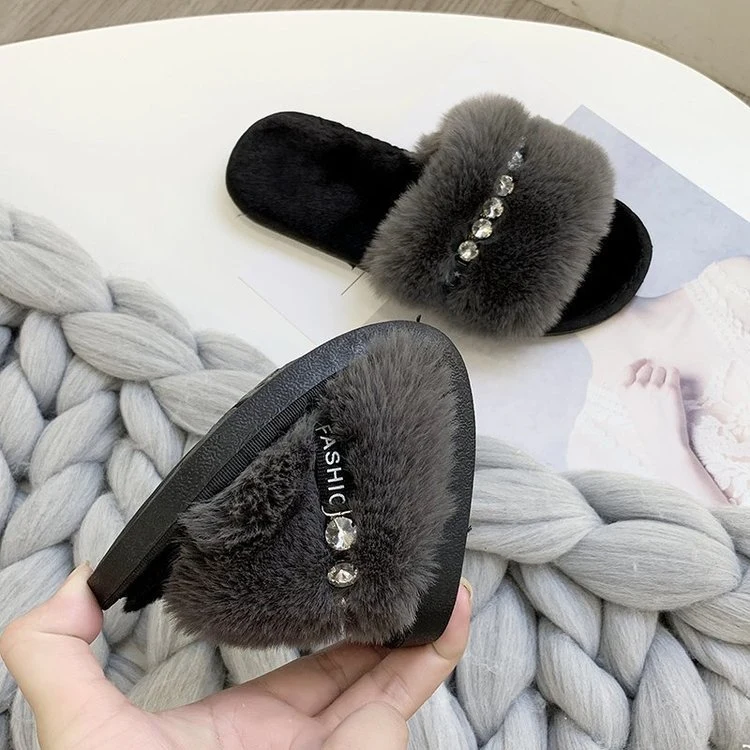 Women Rhinestone Fluffy Furry Fur Slides Sandals, New Arrivals Factory Wholesale Fur Slippers