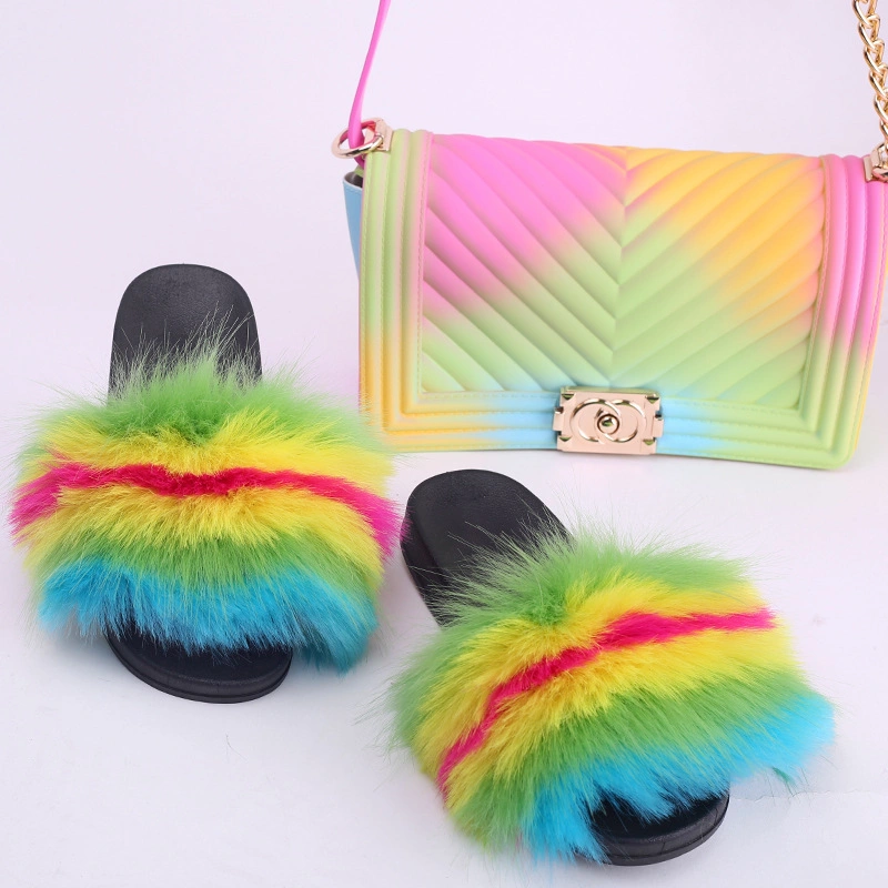 Women Handbag with Fur Slippers, Jelly Purse and Fur Slides, Purse and Fur Slides Set