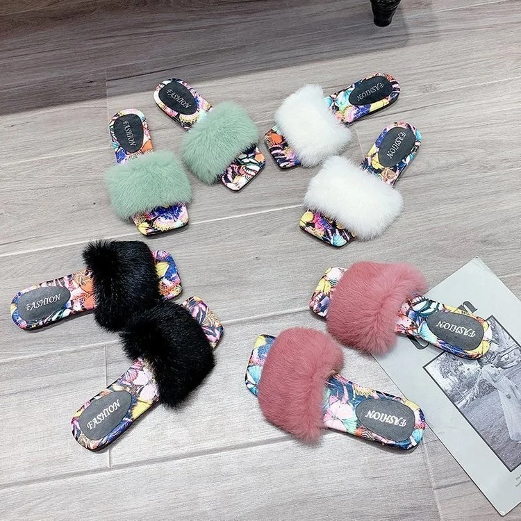 2020 Wholesale Fur Slippers Women Fashion Open Toe Slides Sweet Wind Furry Sandals Slippers