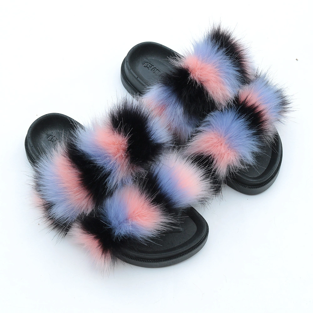 Hot Sales Women Indoor and Outdoor Fluffy Slides, Fashion Vegan Double Strap Furry Fur Sandals Slides