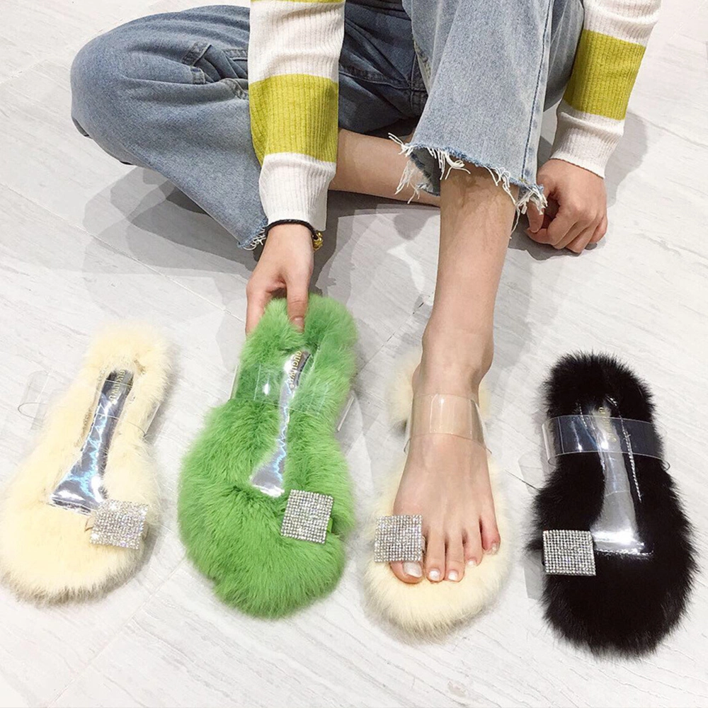 Superstarer 2020 Wholesale Full Cover Designer Fluffy Fur Slides Trending Jelly Real Furry Fur Clear Rhinestone Sandal Slipper