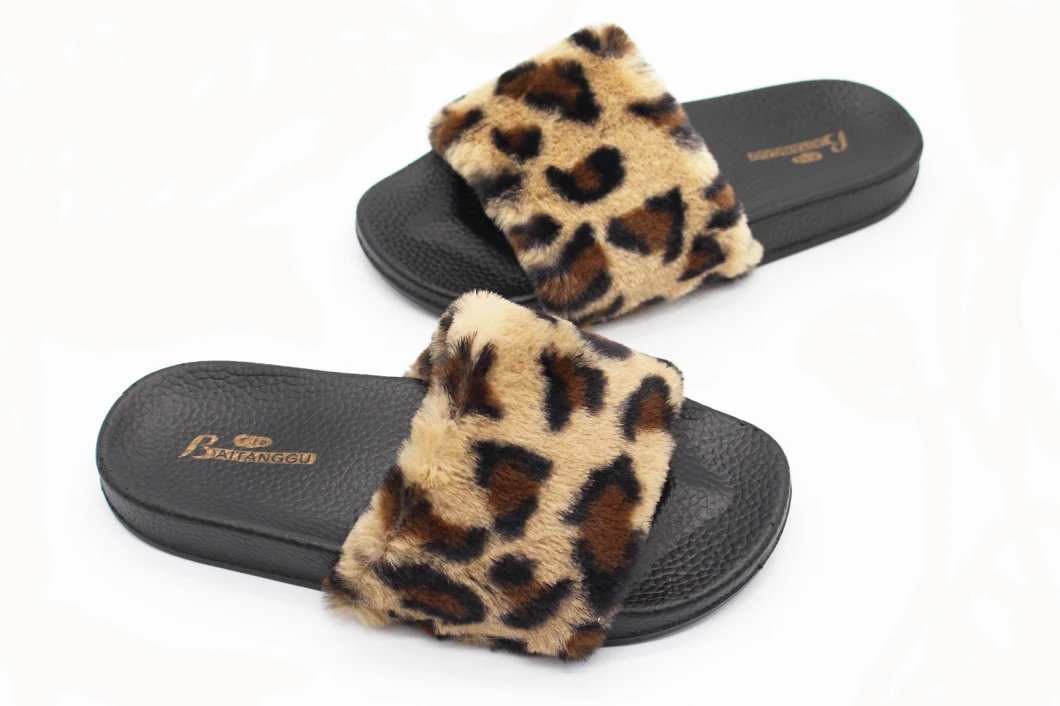 Best Selling Wholesale Fur Slippers, Women Fashion Leopard Pattern Flat Slides Sandals Slippers