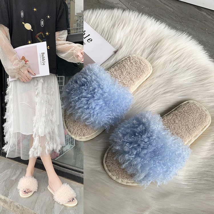 Girls Fashion Lamb Wool Sandals OEM Custom Furry Slides Wholesale Fur Slippers for Women