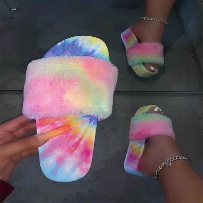 New Style Rainbow Fashion Fur Slides Wholesale Ladies Fur Slippers Platform Women Sandals