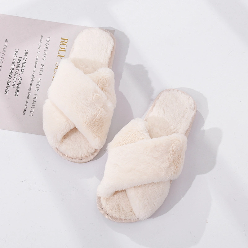 Wholesale Bedroom Slippers Warm Plush Faux Fur Sandals Ladies Cross Soft Plush Home Design Open Toe Slides