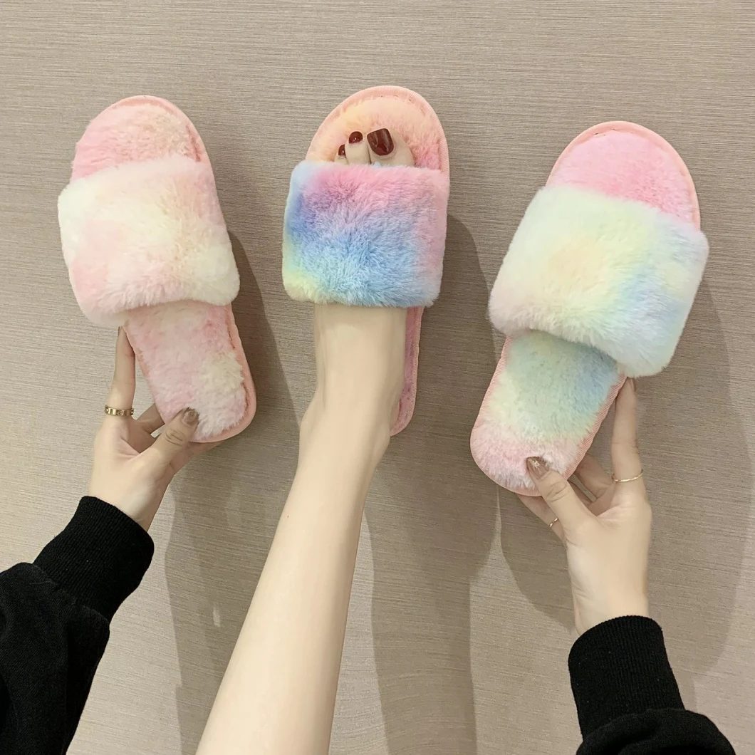 Wholesale Fur Slippers in Tie Dye Design Women Soft Fox Slides Sandals Ladies Winter Indoor Slippers