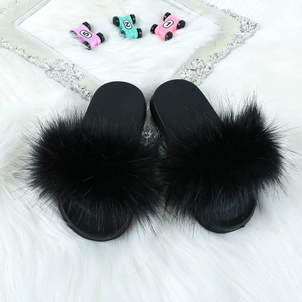 Kids Fur Home Slipper Girl Outdoor Raccoon Fluffy Cute Flats Slides