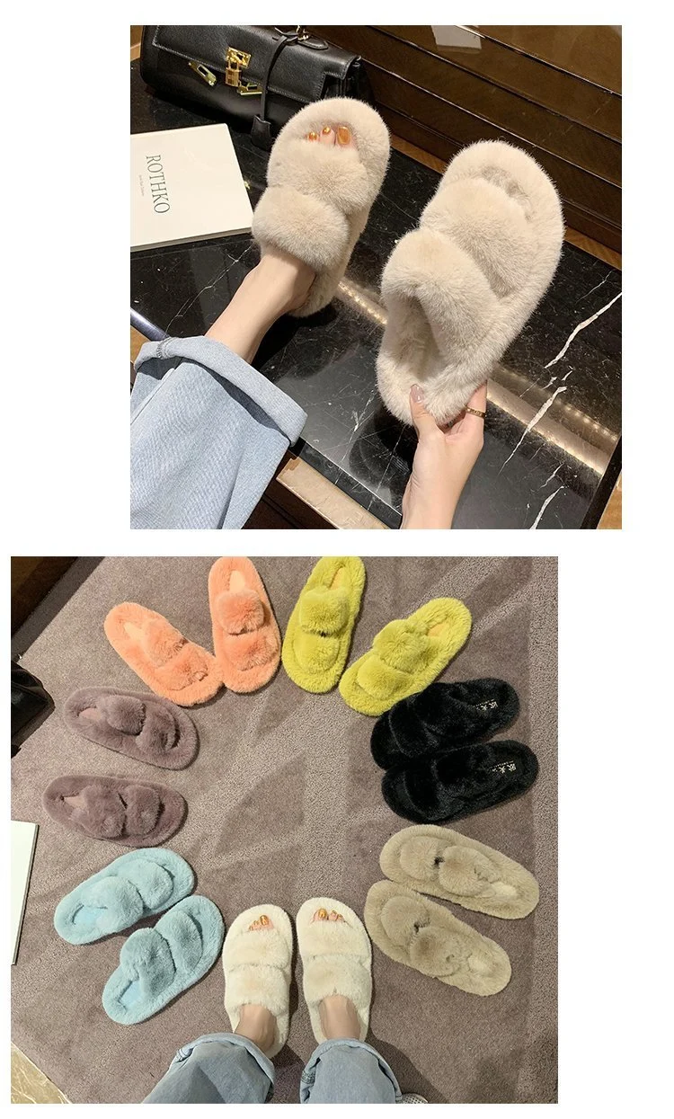 Double Strap Fur Sandals Wholesale Women Slides Fashion House Furry Slippers