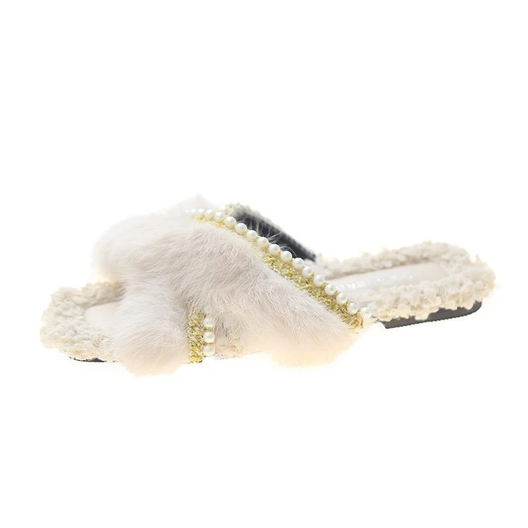 Pearl Upper Cross Strap Slider Sandals for Lady Wholesale Women Fashion Fur Slippers