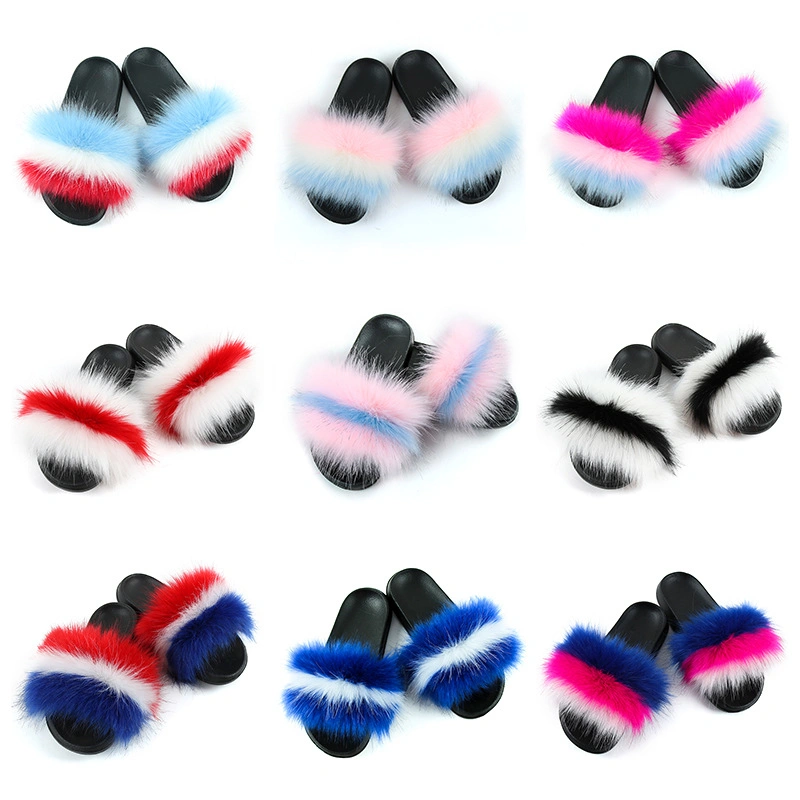 Luxury Style Women Fur Flat Slides Fox Fur Slipper Fox Fur Upper Ladies Shoes