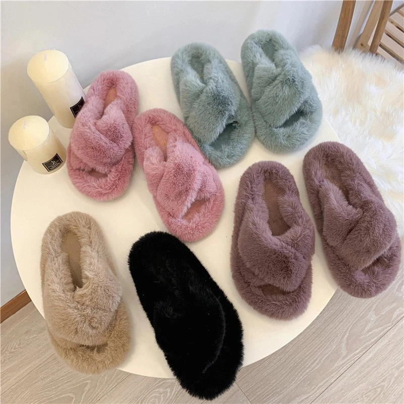 Ladies House Slippers Bunny Fur Slides, Vegan Fur Slippers Sandals with Straps Women Fur Slides